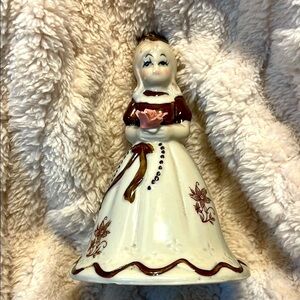 Victorian Bell Girl with Rose flower Brown Cream Glazed Porcelain Vintage